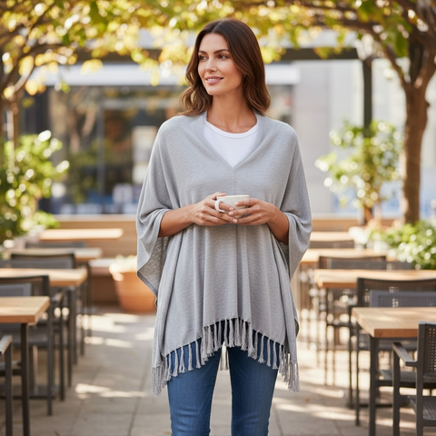 MICHAEL KORS Womens Poncho S/M Light Gray Birdie Sweater Knit Cape Fringe Design