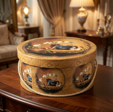 Once Upon a Rose Orchid Still Life Gold Decorative Round Hat Box 15x6.5" EXC