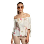 FEVER Womens Floral Print Blouse S White Multicolor Off Shoulder Bell Sleeve NWT
