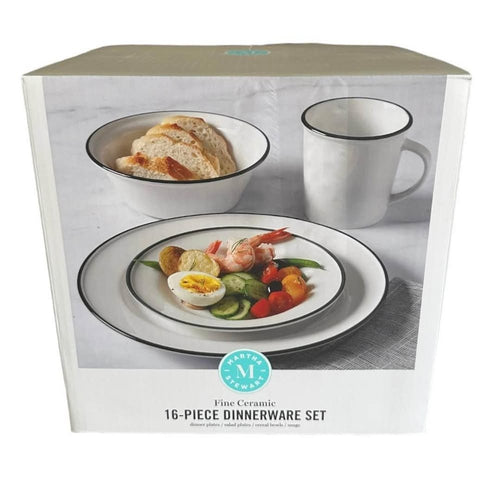 Martha Stewart 16pc Porcelain Dinnerware Set White Black Rim Service for 4 NIB