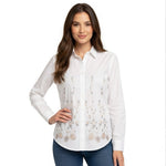 Brooklyn Express Women's White Floral Embroidered Button Up Shirt XL Long Sleeve