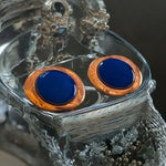 Antique Copper Blue Glass Button Clip On Earrings 1.25" Signed Genuine Copper