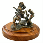 Vintage St. George Fighting the Dragon Bronze Statue Warrior Figurine Wood Base