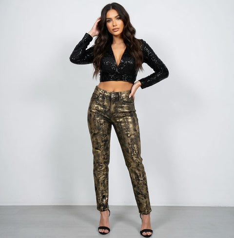 JUST USA Black Label Python Print Jeans Gold Women Size 30