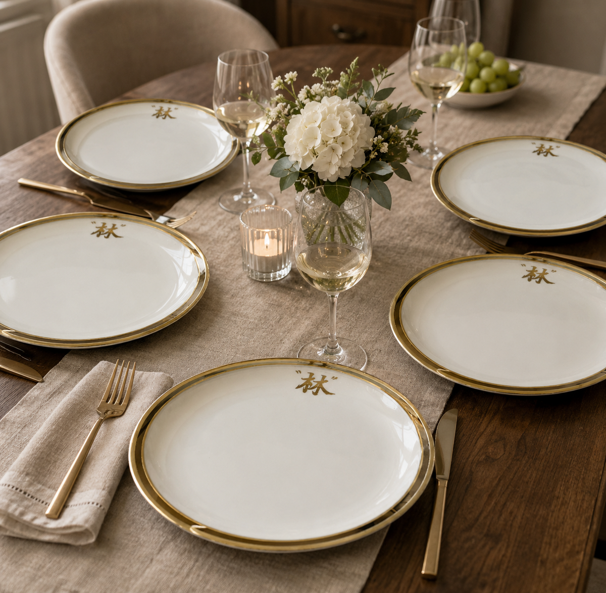 Vintage Fukagawa Arita Japan Gold Rim Monogram Plates Set of 5 Hand Painted EXC