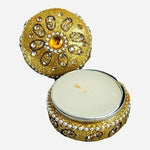 Handmade Rhinestone Beaded Tea Light Candle Holder Tin Box Travel 1.75" Jeweled