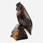 Handmade Wood Owl Statue 7" Brown Sitting Owl on Rock Carved Figurine Monument