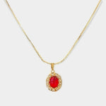 Vintage 14K Gold Plated Red White Crystal Necklace Earrings Set Oval Pendant NIB