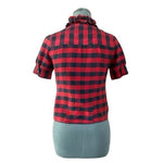 Twenty One Red Black Buffalo Plaid Ruffle Blouse S Silk High Neck Button Up EXC