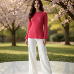 ELLE Pink Modal Long Sleeve Scoop Neck Blouse Women XS Sheer Ruched Top