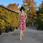 Tyche Women's Red Vivid Abstract Print Asymmetrical Midi Dress M Spaghetti NWT