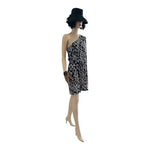 NICOLE MILLER Black One Shoulder Ruffle Bodycon Dress Sz M Multicolor Spotted VG