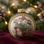Vintage Circa 1913 Santa Scene Glass Ball Christmas Ornament Red Gold G+