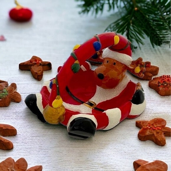 Vintage Christmas Reindeer Snowman Basket Ceramic Bowl 10"x7.5" Hand-Painted EXC