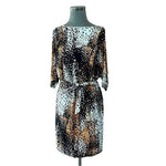 Suzi Chin Womens Abstract Print Belted Dress 6 Black Brown White Half Sleeve VG