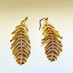 Gold Tone Feather Earrings 2.5"x1.5" Fishhook Dangle Women's Costume Jewelry VG