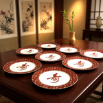 Chinese Longevity 寿 Calligraphy Red White Ceramic Plates Set 8pc 7.5" EXC
