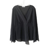 COLDWATER CREEK Womens Blouse L Black Chiffon V Neck Embellished Long Sleeve EXC