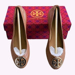 TORY BURCH Benton 2 Travel Leather Ballet Flats Royal Tan Gold Size 5.5 NIB
