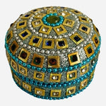 Handmade Indian Rhinestone Beaded Tin Jewelry Box 2.5x2.5x1.5" Blue Gold Trinket