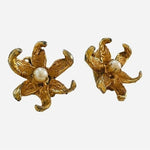 Vintage 1960s Flower Clip On Earrings Gold Tone Floral Petal Pearl Design 1" G