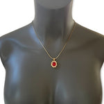 Vintage 14K Gold Plated Red White Crystal Oval Halo Pendant Necklace 18" NIB