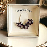 Charter Club Silver Tone Purple Clear Crystal Flower Brooch 2" Pin NIB