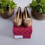 TORY BURCH Benton 2 Travel Leather Ballet Flats Royal Tan Gold Size 5.5 NIB