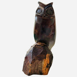 Handmade Wood Owl Statue 7" Brown Sitting Owl on Rock Carved Figurine Monument