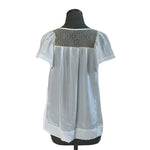 MK2K Womens Top M White Satin Beige Lace Short Sleeve Ruffle Blouse Crewneck VG