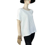 W5 Womens Top XL White Textured Polka Dot Blouse Short Sleeve Zip Back Bateau G+