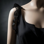 Vintage LAPIS Women Gown M Black V Neck Ruffle Sheer Ball Gown Tie Shoulder Midi