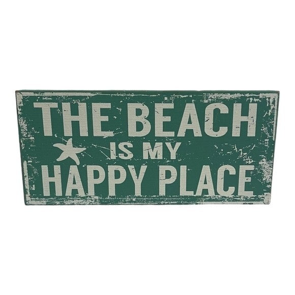 The Beach is My Happy Place Wood Sign 11x5 Coastal Wall Decor Turquoise White G+
