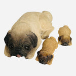 Dog Mate Momma Dog & Sleeping Puppies Figurine Sandcast Brown Black Pug Set VG