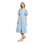 ZARA Denim Blue Button Down Dress S Midi Chambray Bell Sleeve Smocked Very Good
