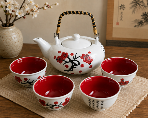 Japanese Cherry Blossom Ceramic Tea Set 22oz Teapot 4 Cups NIB Sakura Design NIB