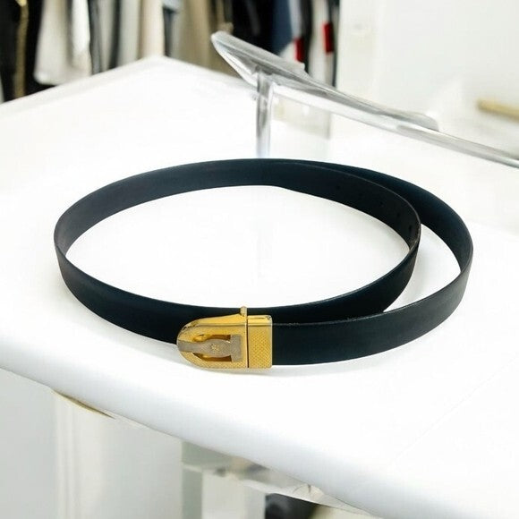 Rare Vintage YSL Yves Saint Laurent Black Genuine Leather Gold Silver Buckle 44