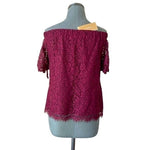 MIAMI Womens Off Shoulder Blouse S Wine Red Lace Floral Bow Short Sleeve Top NWT