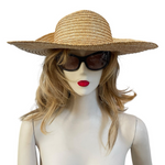 Vintage Wide Brim Natural Straw Sun Hat Black Satin Rose Flower Accent VG