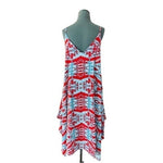 Tyche Women's Red Vivid Abstract Print Asymmetrical Midi Dress M Spaghetti NWT