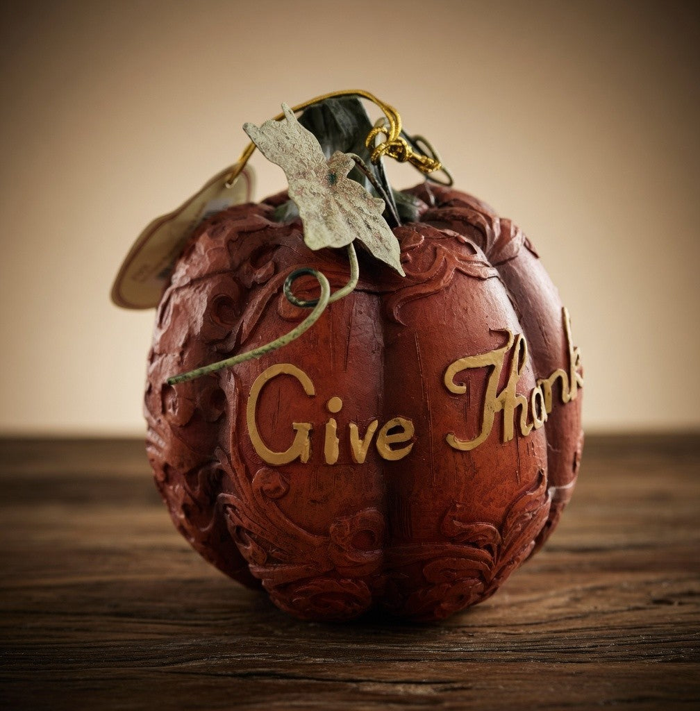 Give Thanks Resin Harvest Pumpkin Figurine Orange Yellow Green Fall Decor 4.25"