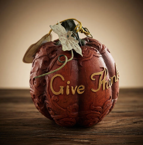 Give Thanks Resin Harvest Pumpkin Figurine Orange Yellow Green Fall Decor 4.25"