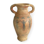 Vintage Terracotta Double Handle Jug Vessel People Etching Clay Pottery 11" Good