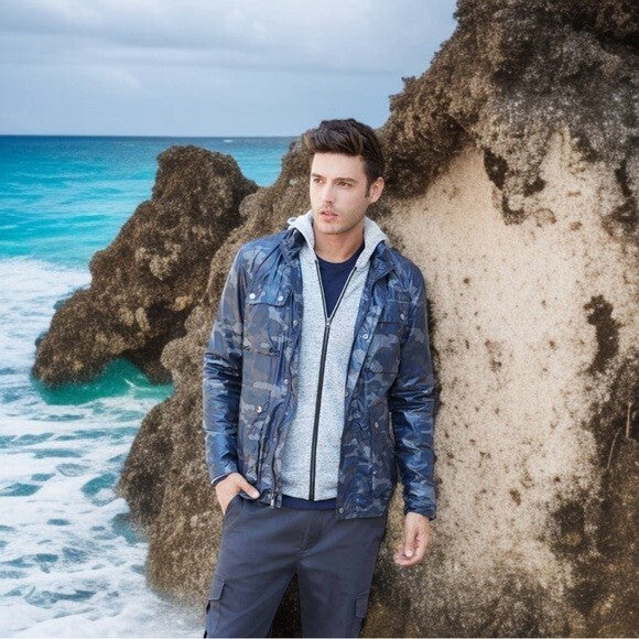 STRUCTURE Jax Cargo Jacket M Camo Hooded Athletic Zip Front Windbreaker Blue EXC