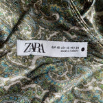 Zara Women's Green Gold Paisley Print Satin Bodycon Mini Dress XS V-Neck VG