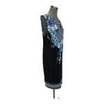 JM Collection Keyhole Sheath Dress XXL Blue Black White Floral Midi Stretch VG
