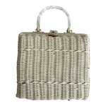 Vintage White Wicker Handbag Lucite Handles Pleated Purse Made Hong Kong 9x4x8"
