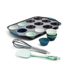 Art+Cook 15pc Cupcake Pan Silicone Liners Spatula Whisk Set Mint Green NIB