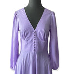 Lilac White Dot Fit Flare Maxi Dress L V-Neck Long Sleeve Prom Cocktail EXC