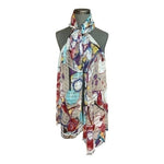 PASSIGATTI Italy Multicolor Abstract Print Fringe Scarf 76x28 Cotton Linen Mesh